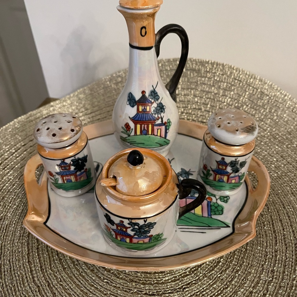 VINTAGE RARE JAPAN BLUE WILLOW CONDIMENT SET